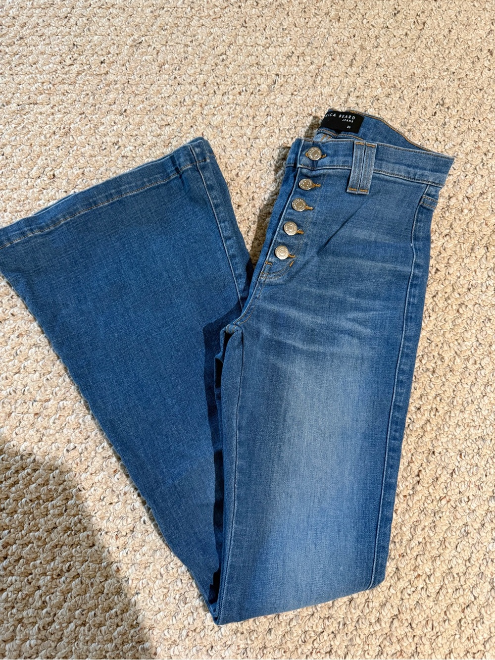 Veronica Beard Medium Blue High-Rise Flare Jeans with Button Fly